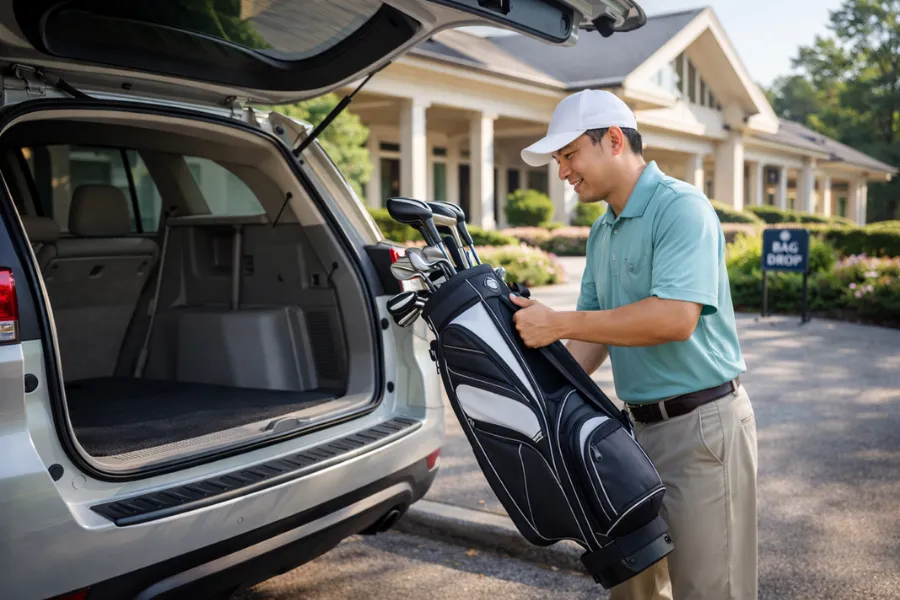クラブハウスに車で横付けしてキャディバッグを下ろす様子
