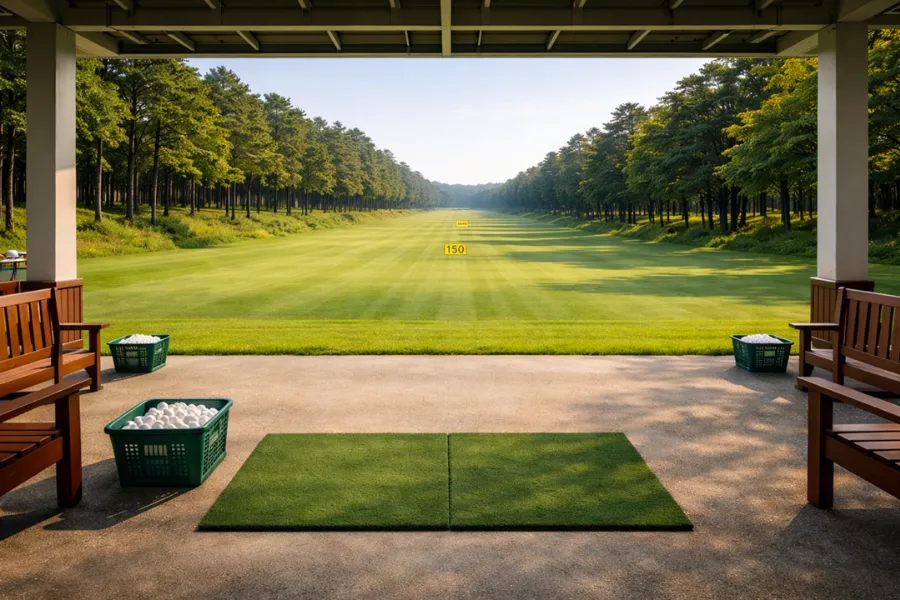 ゴルフ練習場（打席からまっすぐ広いレンジが見える）