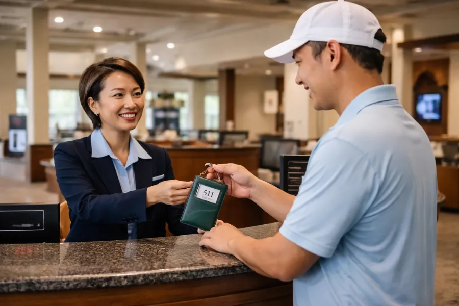 クラブハウス内の受付と自動精算機のイメージ