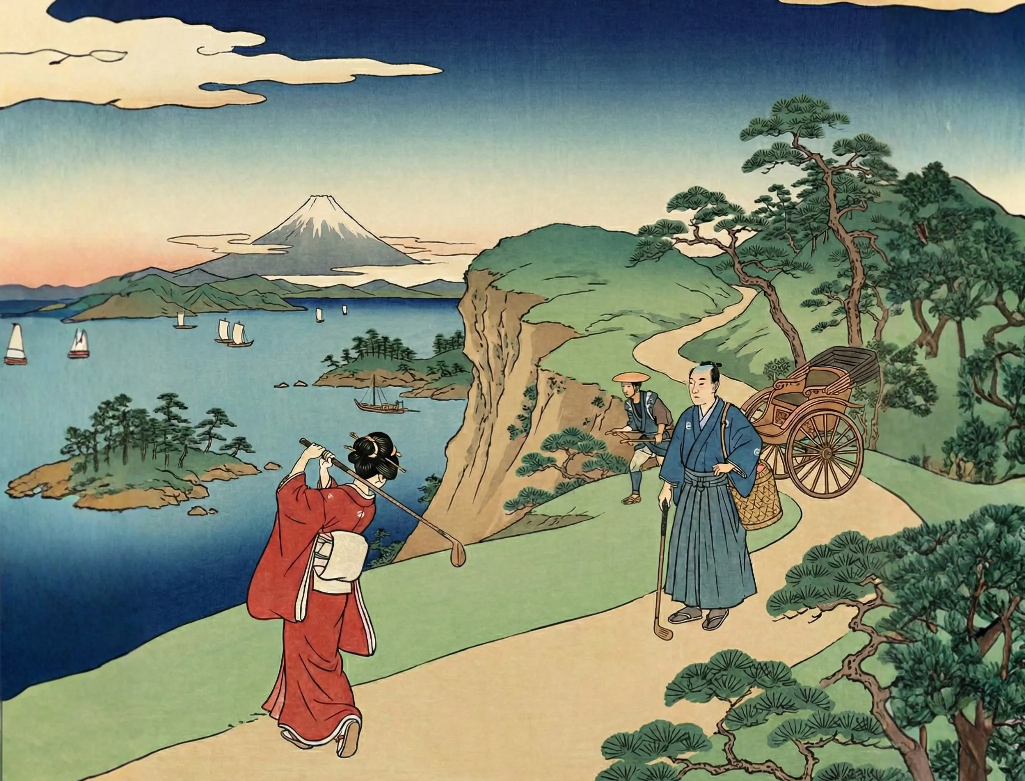 浮世絵 ゴルフ 峠道