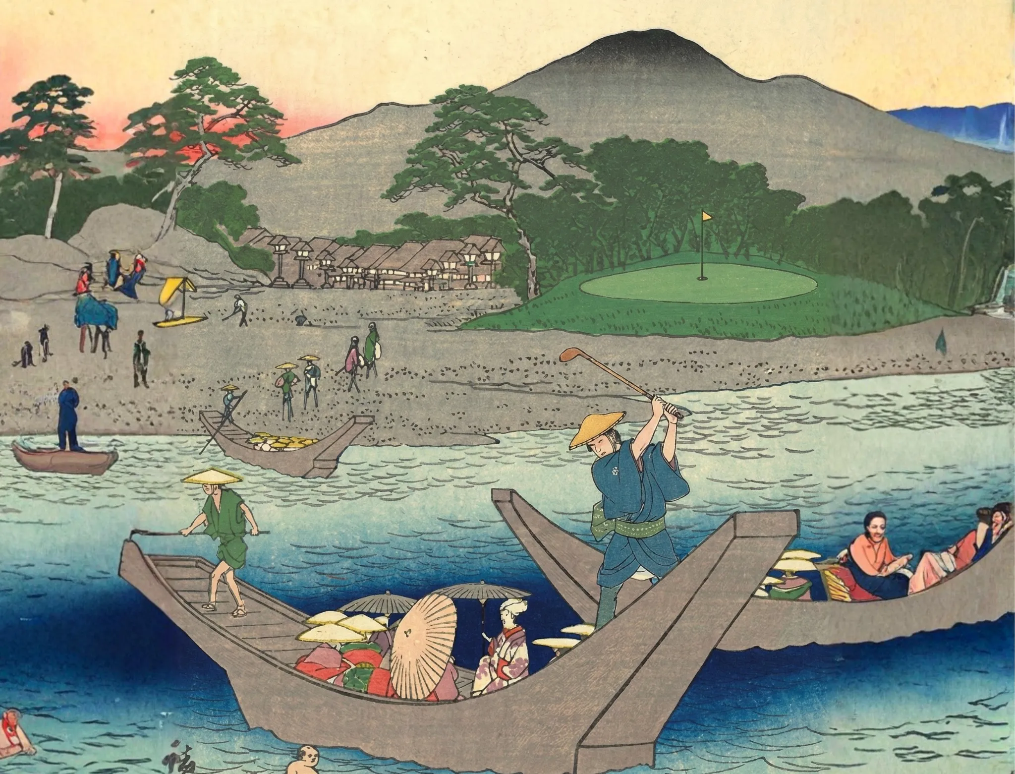 浮世絵 ゴルフ 川渡り