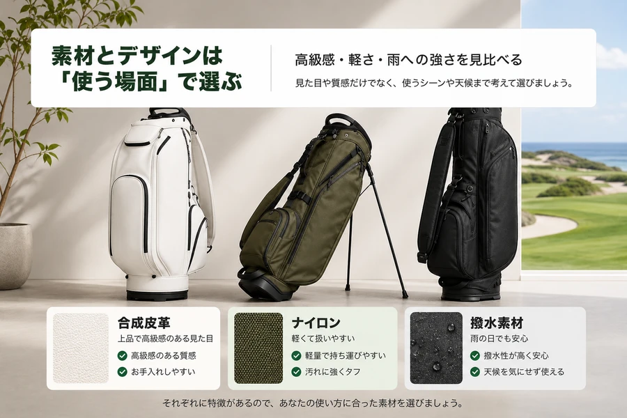 キャディバッグの素材とデザインの違いを説明する画像