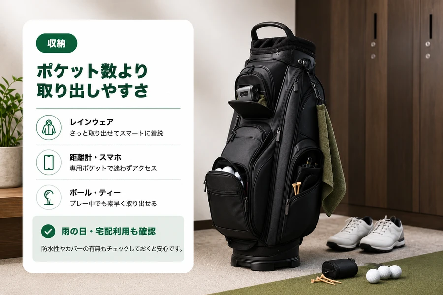 キャディバッグの収納ポケットと取り出しやすさを説明する画像