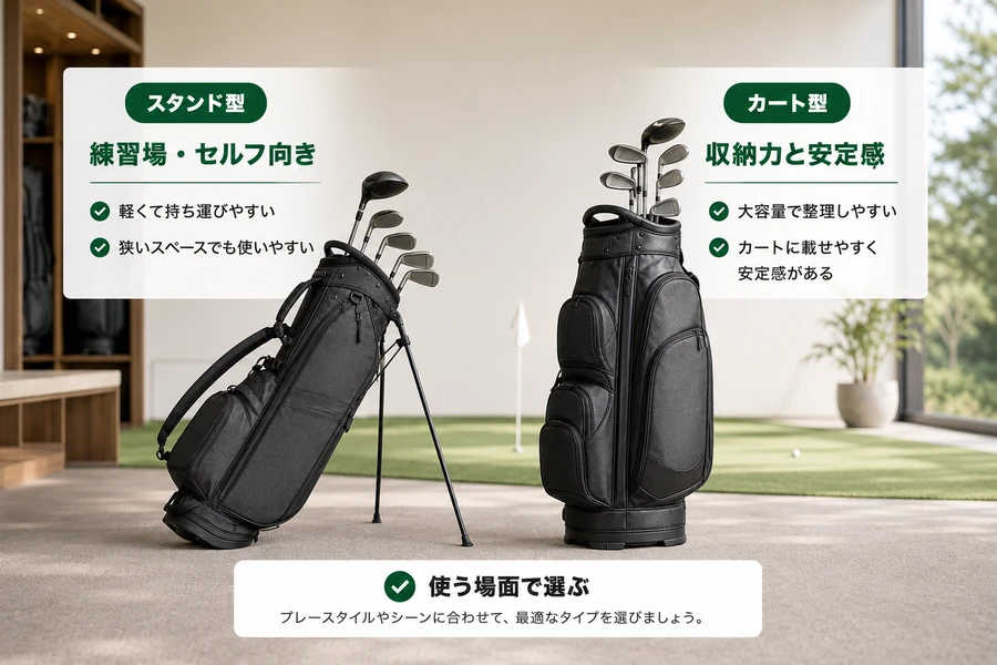 スタンド型とカート型キャディバッグの違いを比較する画像