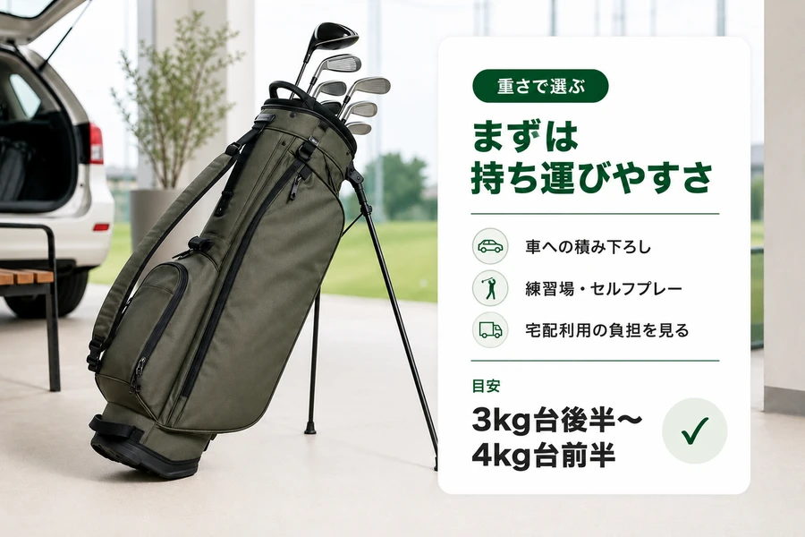 キャディバッグの重さと持ち運びやすさを説明する画像
