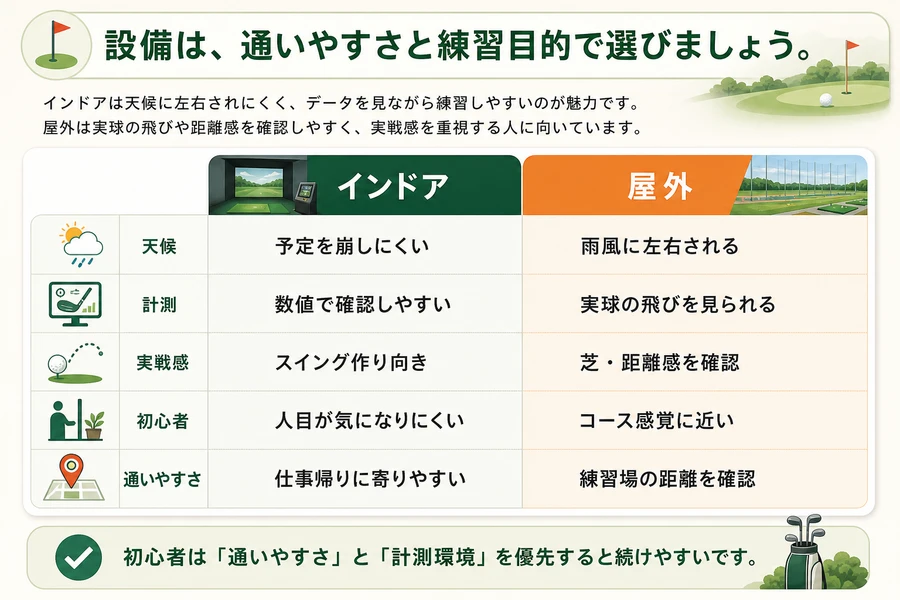 ゴルフスクールの設備と通いやすさを確認する画像