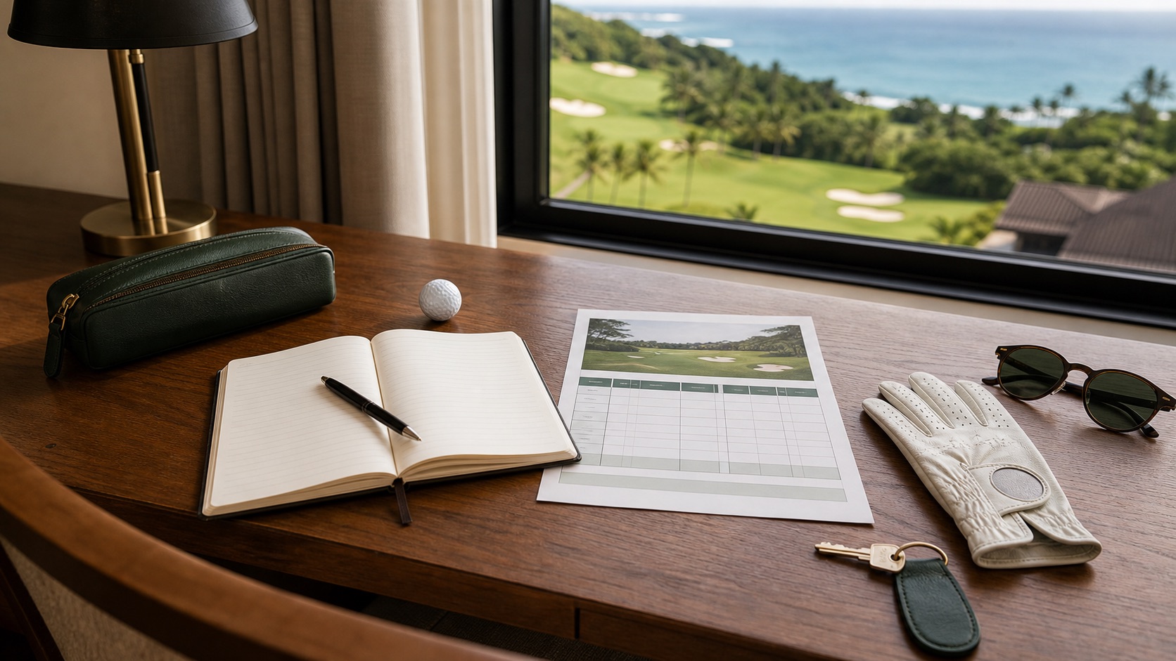Golf travel planning desk with itinerary items and fairway view