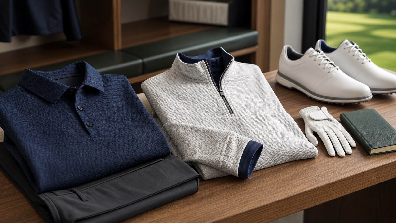 Folded premium golf apparel and accessories on a locker room bench