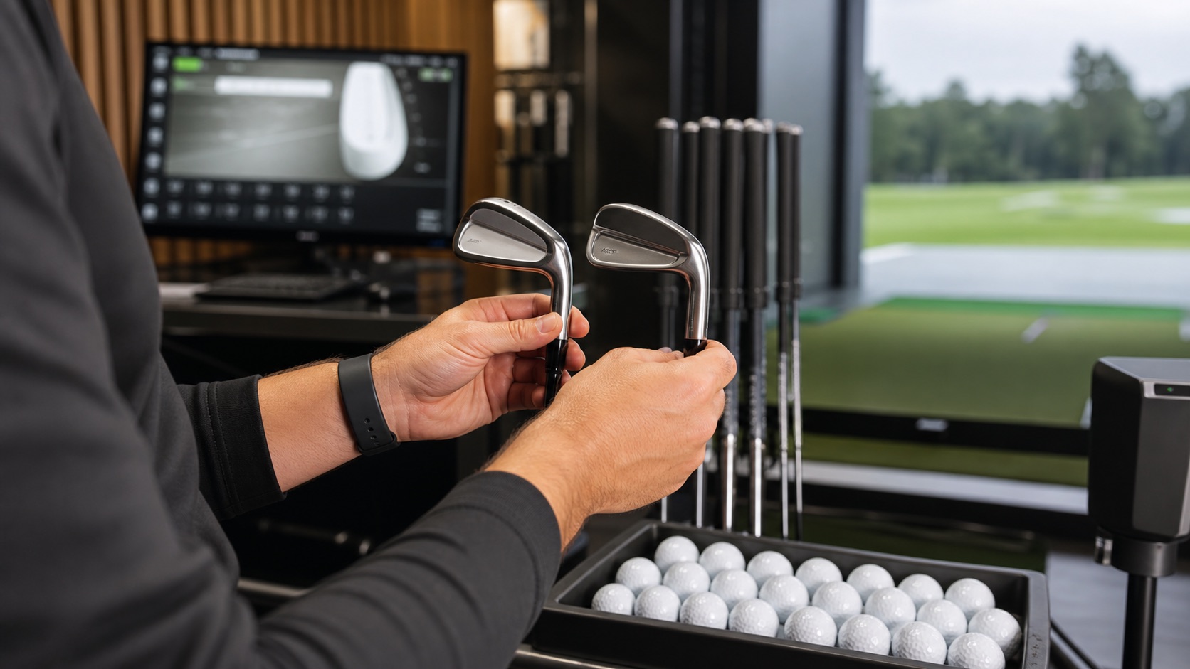 Golfer comparing iron heads in an indoor fitting bay