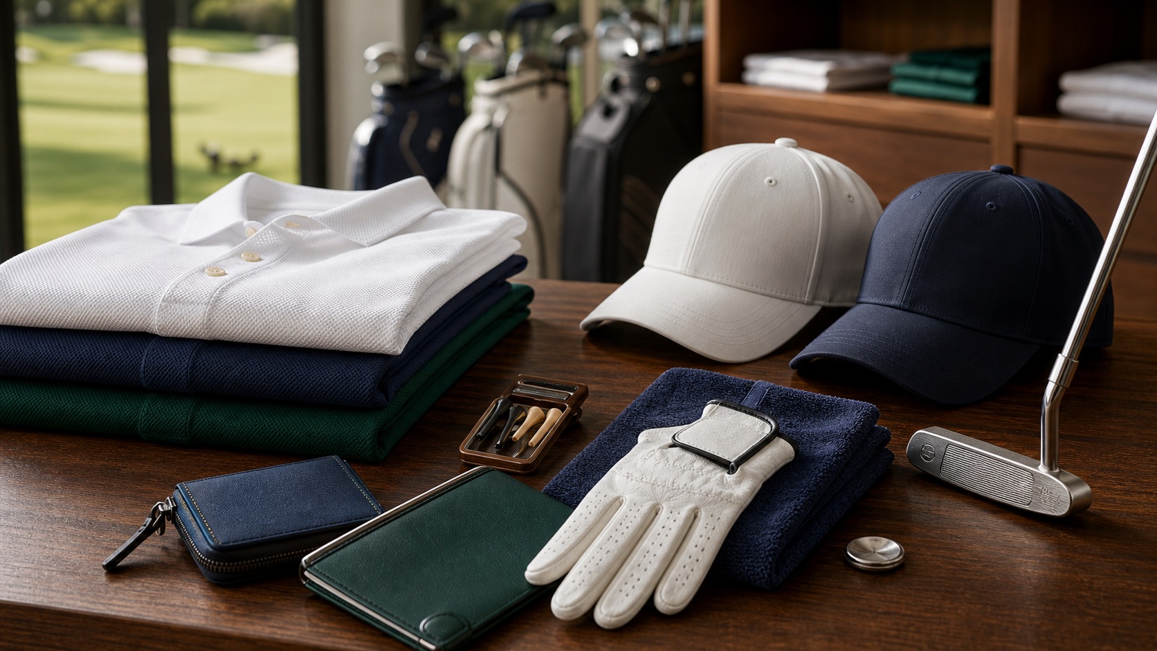 Japanese golf boutique display table with apparel and small accessories