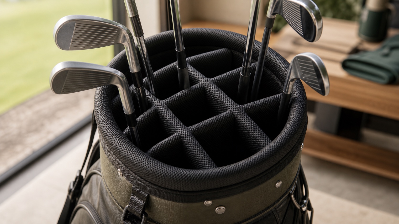Close-up of organized golf bag dividers
