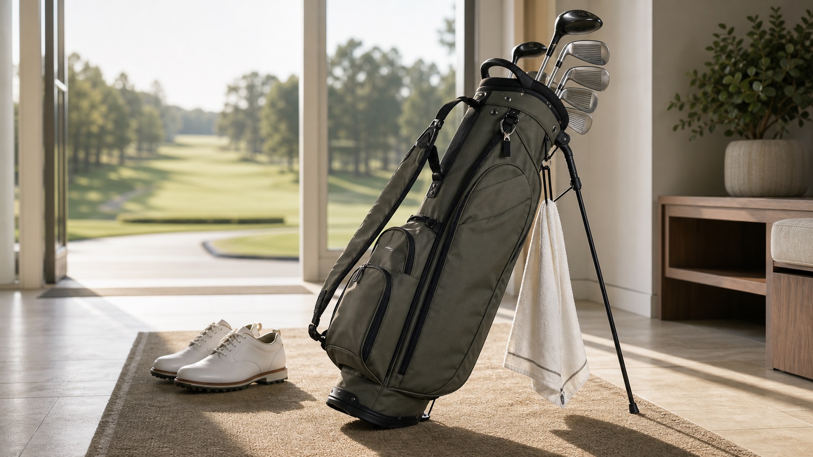 Lightweight golf caddy bag in a clubhouse setting