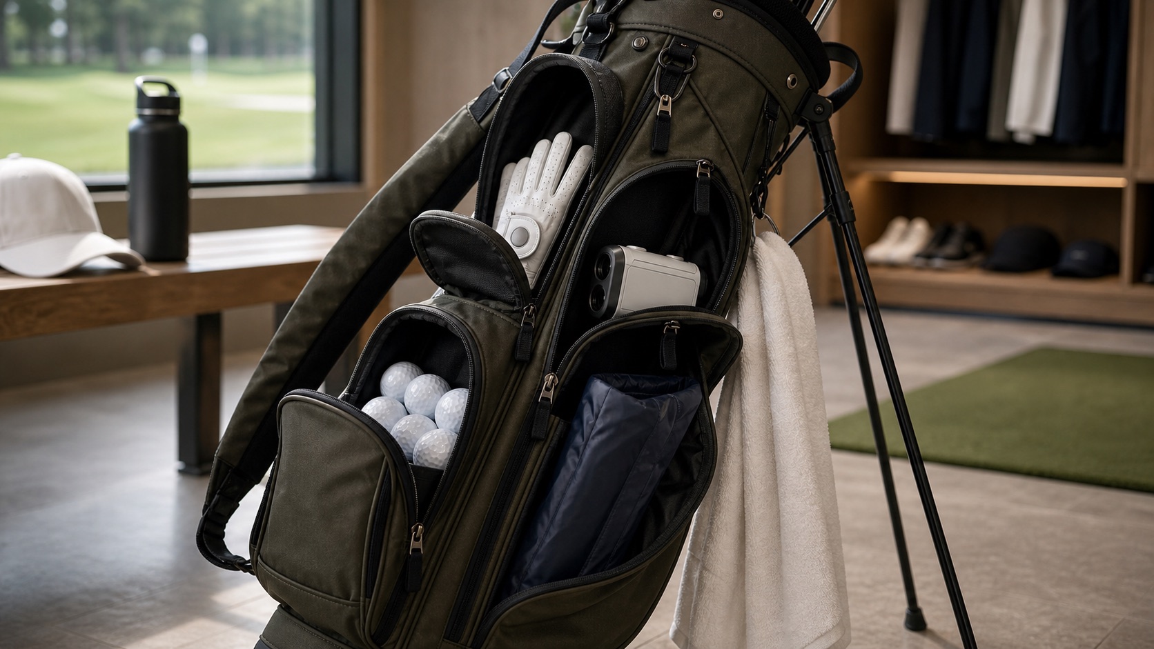 Golf caddy bag storage pockets with essentials