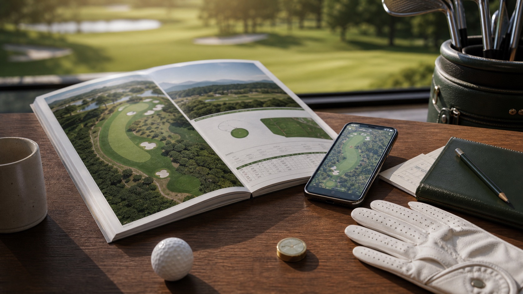Golf course planning table with map, glove and phone