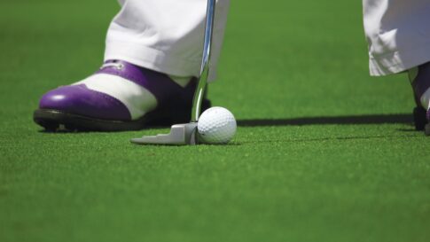 Golf ball on a putting green for a putter feel and alignment guide