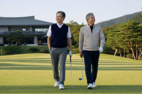 60代メンズゴルフウェアをイメージしたゴルフ場での着こなし写真