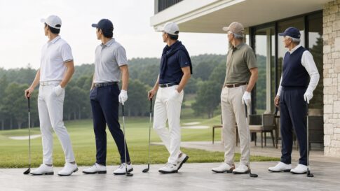 20代から60代までのメンズゴルフウェアを年代別に並べたイメージ
