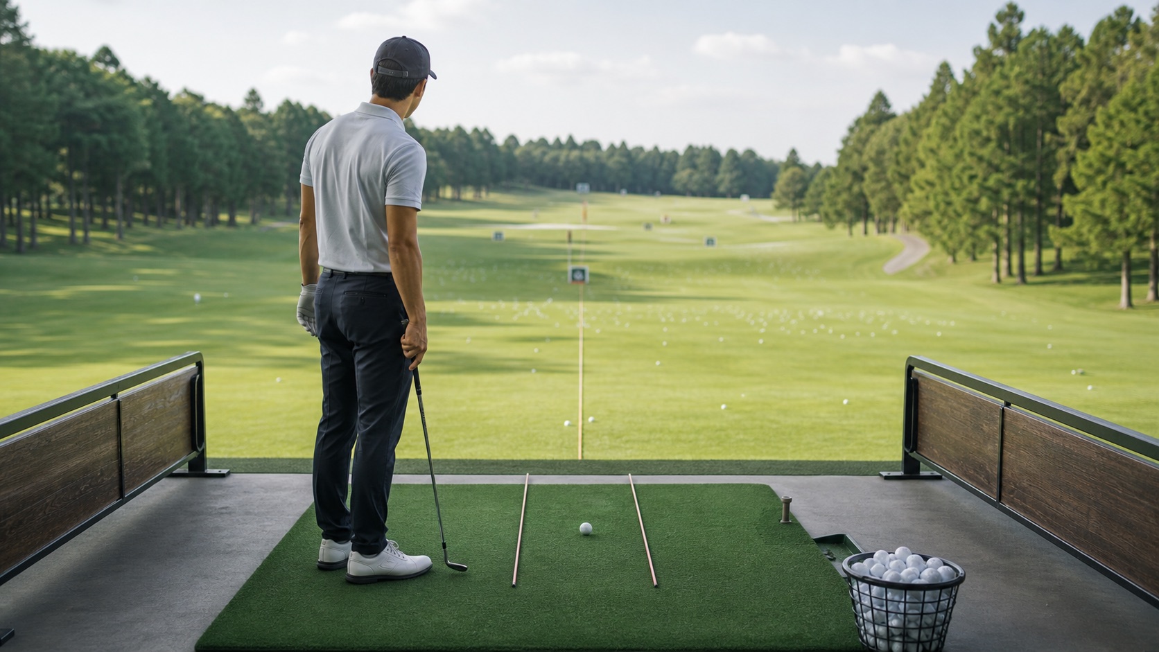 Alignment sticks on a practice range mat before a round