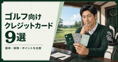 クラブハウスでゴルファーが優待・保険・ポイントのカードを比較するイラスト