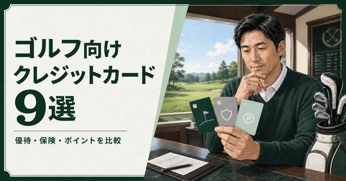 クラブハウスでゴルファーが優待・保険・ポイントのカードを比較するイラスト