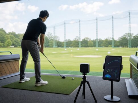 打ちっぱなしで小型の弾道測定器とスマートフォンを使うゴルファーの編集イメージ