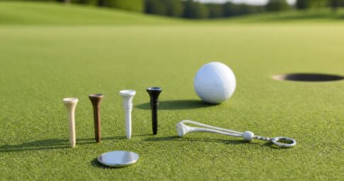 ティーアップしたゴルフボールとグリーン上のボールマーカーを表した編集イメージ