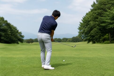 切り返しでシャフトを寝かせ、クラブを適正な軌道へ下ろすゴルファー