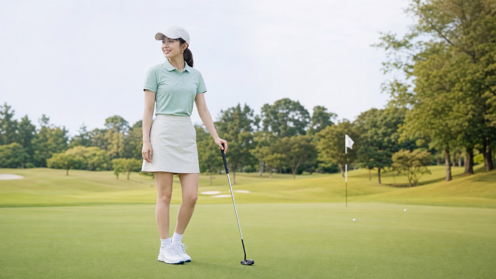 ミント色のポロと白いスカートを着た20代女性のゴルフコーデ