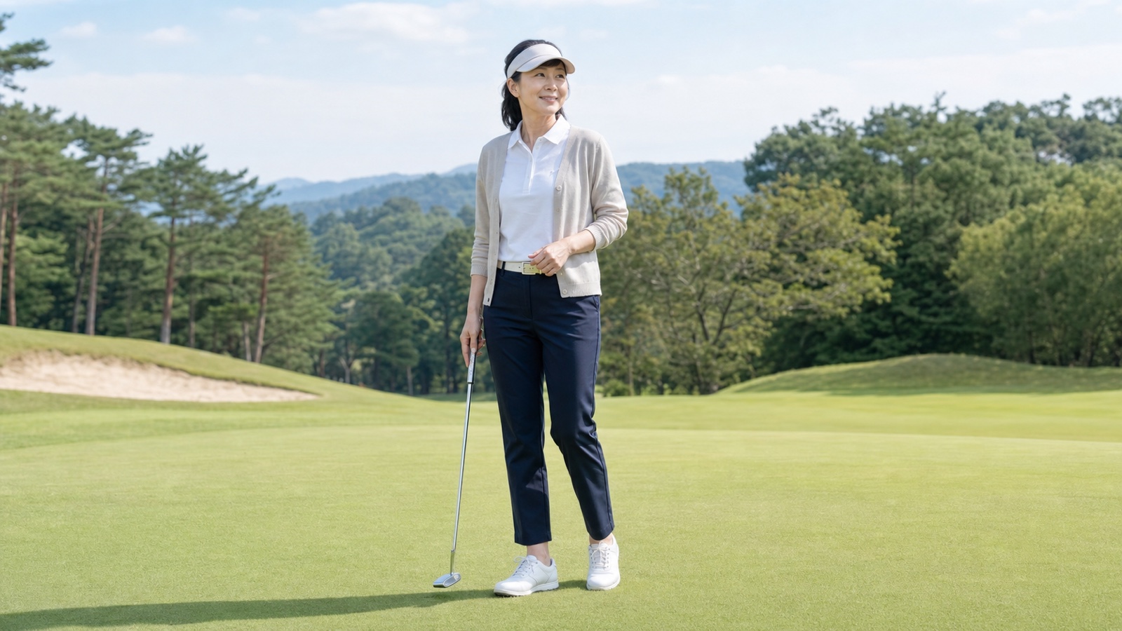 白いポロと淡色カーディガンにネイビーのパンツを合わせた40代女性のゴルフコーデ