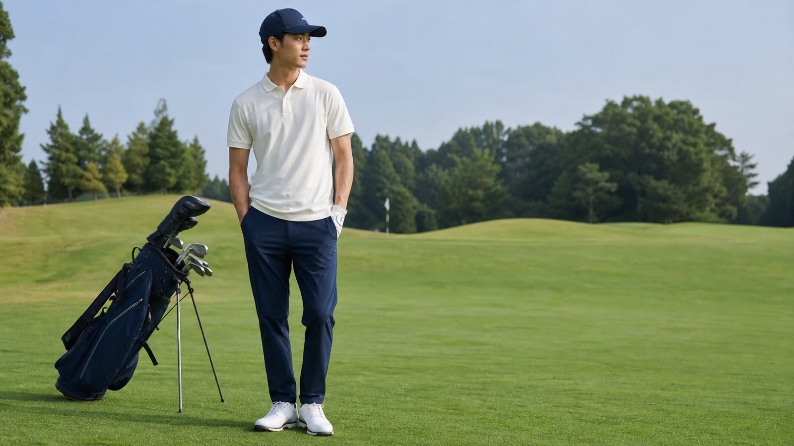 白いポロとネイビーのパンツを着た20代男性のゴルフコーデ