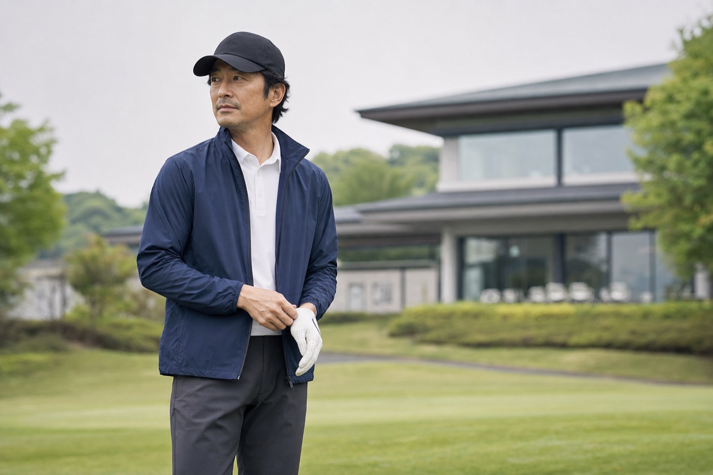 ネイビーの帽子と軽いアウターを一点使いした40代男性のゴルフコーデ