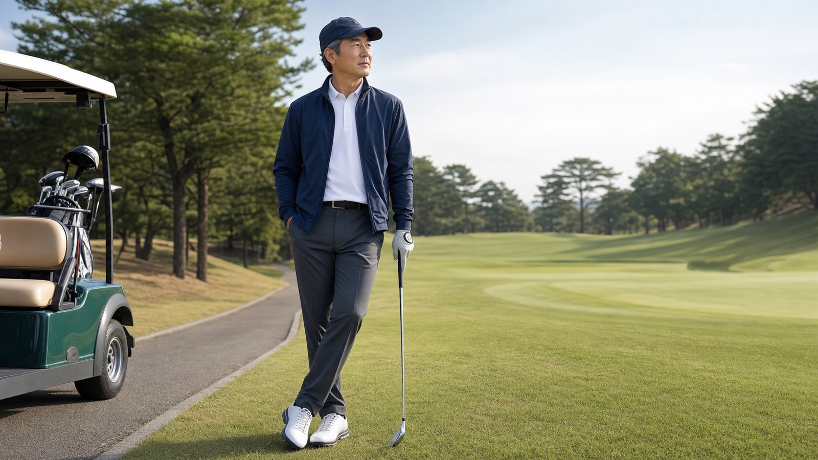 ネイビーの軽いアウターを着た50代男性のゴルフコーデ