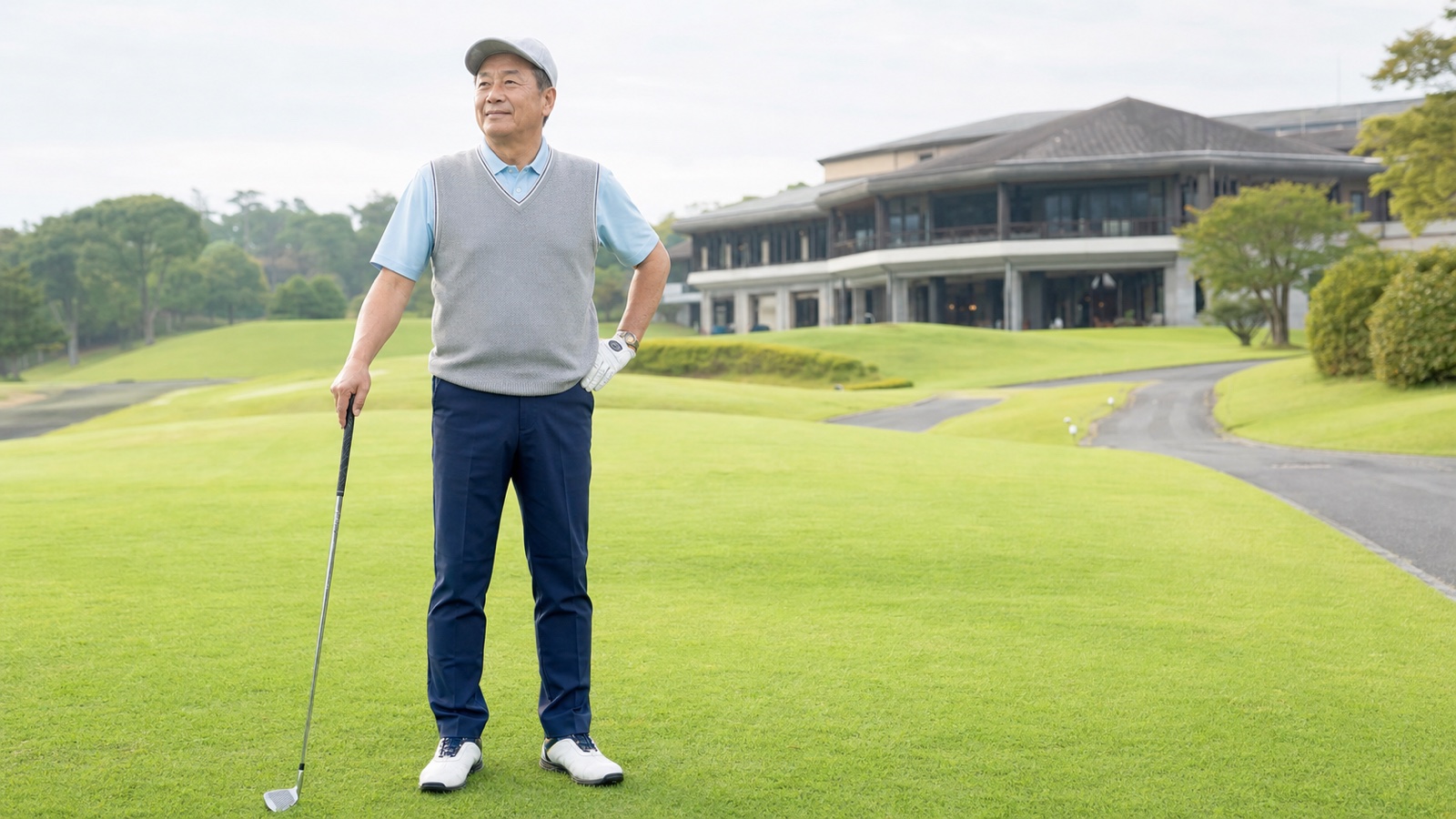 淡いブルーのポロとグレーのベストを着た60代男性のゴルフコーデ