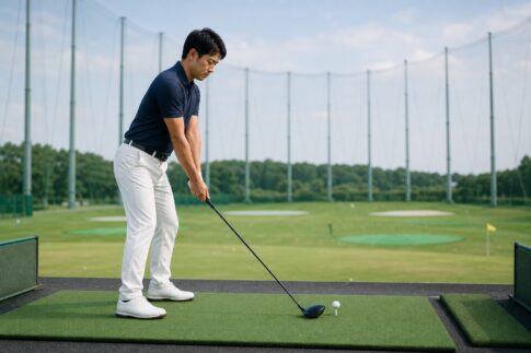 ドライバーをボール後方へ正しく置き、右肘と左肩を自然に整えたアドレス