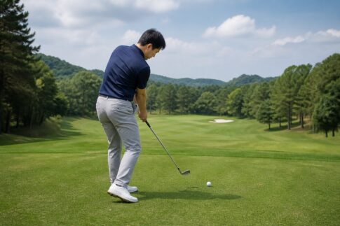 右ひざの角度を保ち、左足へ圧を移して切り返すゴルファー
