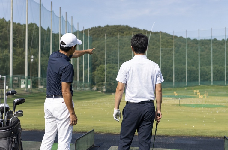 屋外練習場でコーチと弾道を確認するゴルフレッスンイメージ