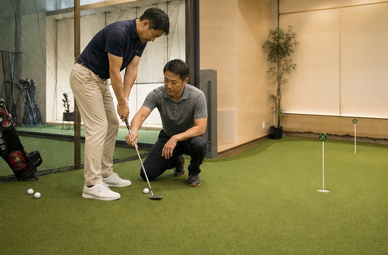 室内の練習グリーンでパターを教わるゴルフレッスンイメージ