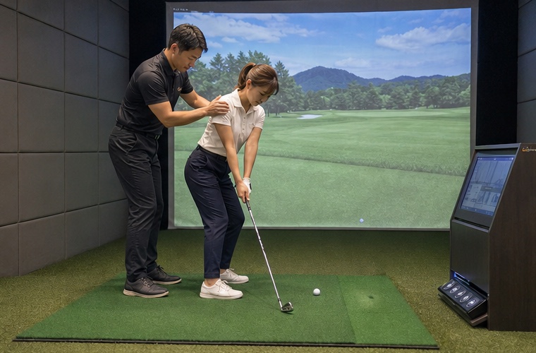 個室のシミュレーターで姿勢を教わるゴルフレッスンイメージ