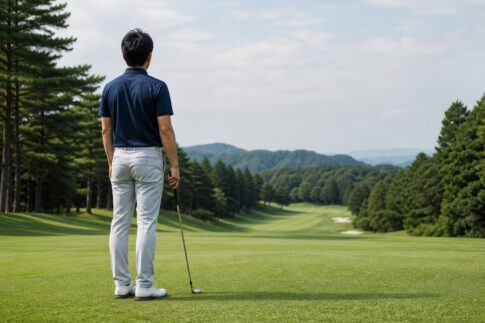ショット前に後方からフェアウェイの狙いを確認するゴルファー