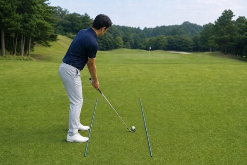ターゲットラインと平行に足を揃えてスクエアに構えるゴルファー