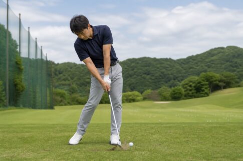 体を回しながら手元を先行させ、アーリーリリースを防いでインパクトするゴルファー