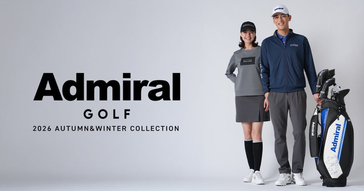 Admiral Golfのロゴと2026年秋冬ウェアを着用した男女モデル