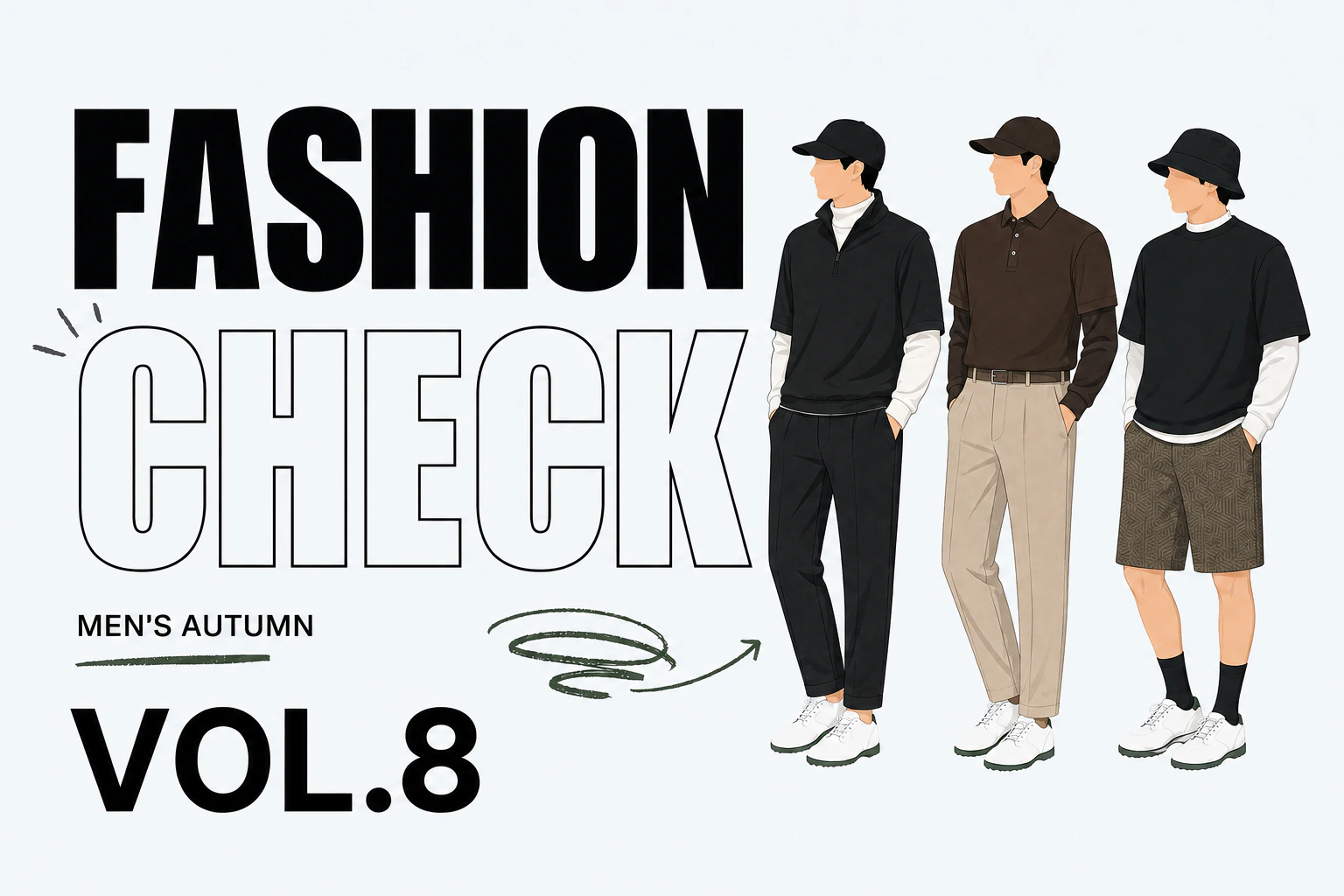 FASHION CHECK VOL.8 メンズ秋ゴルフコーデ3スタイルのイラスト