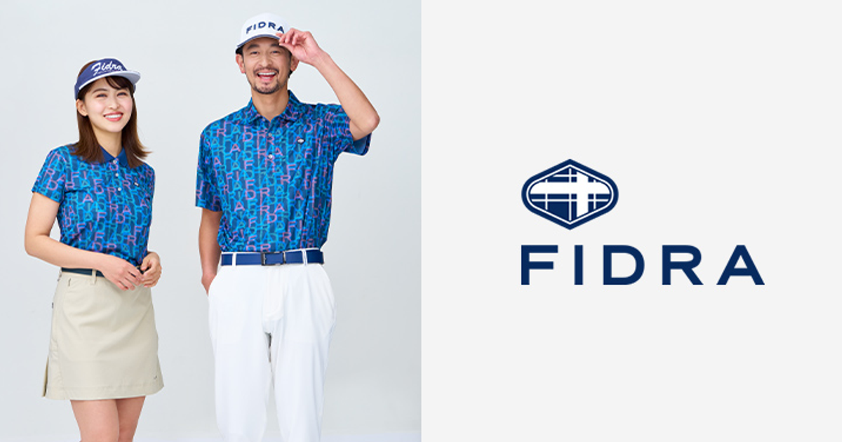 FIDRAのゴルフウェアを着用した男女モデルとブランドロゴ