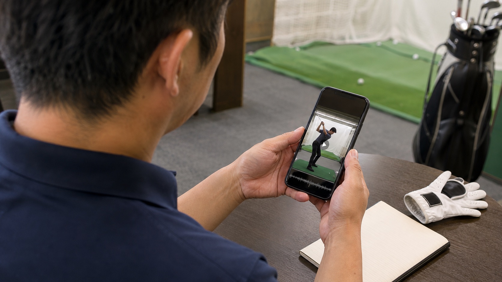 スマートフォンでゴルフレッスンの録画と録音を復習する場面のイメージ