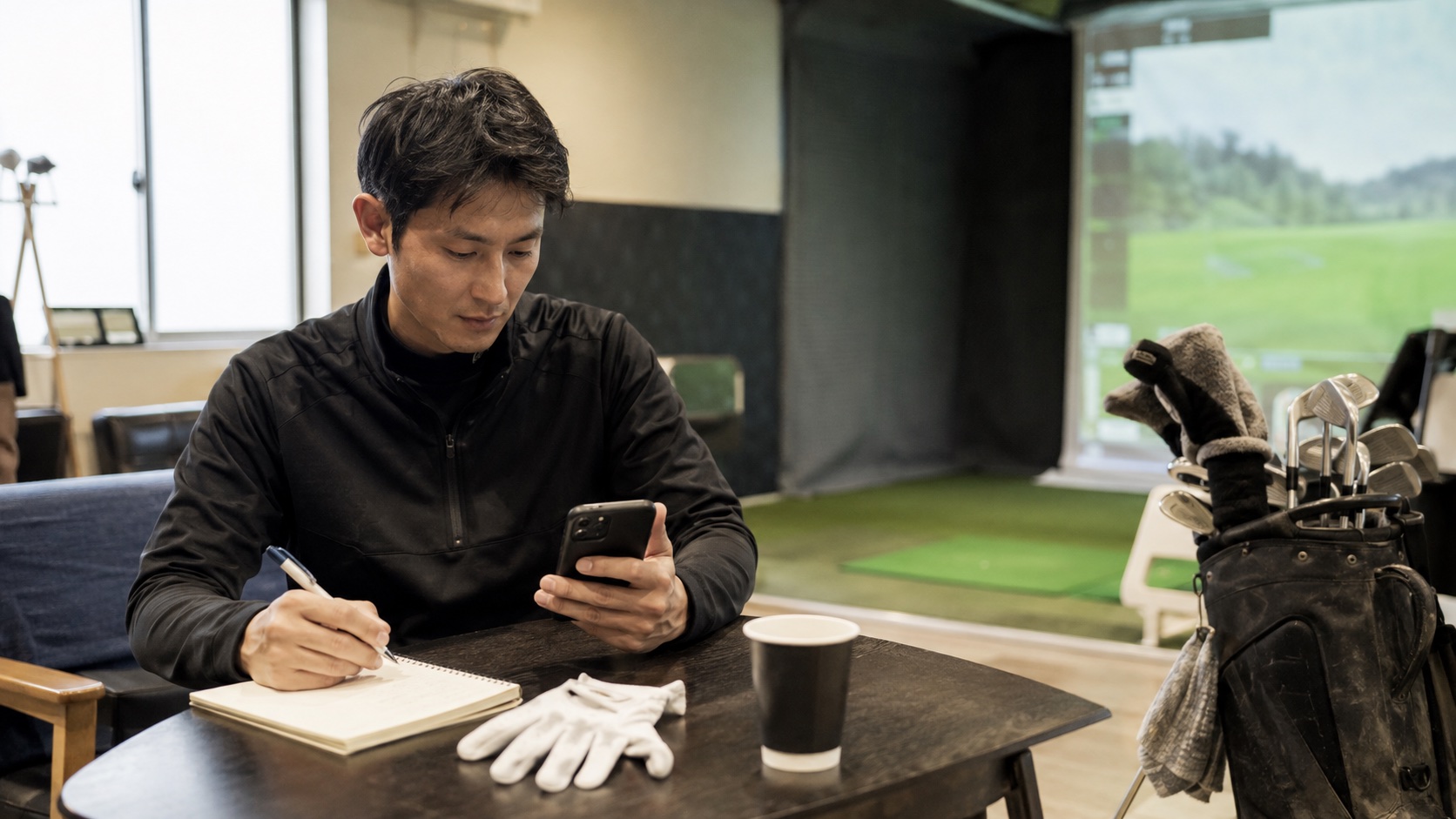 ゴルフスクールをスマートフォンとノートで比較検討する場面のイメージ