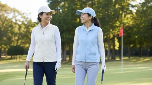 60代レディースゴルフウェアをイメージしたゴルフ場での着こなし写真