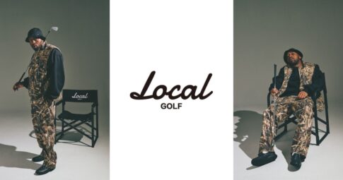 Local GOLFのカモフラージュ柄ゴルフウェアを着用した男性とブランドロゴ