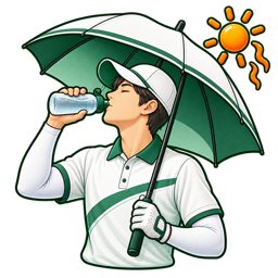 日傘の下で水分補給するゴルファー