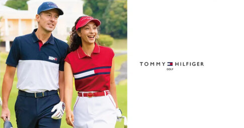 Tommy Hilfiger Golfのゴルフウェアを着用した男女モデルとブランドロゴ